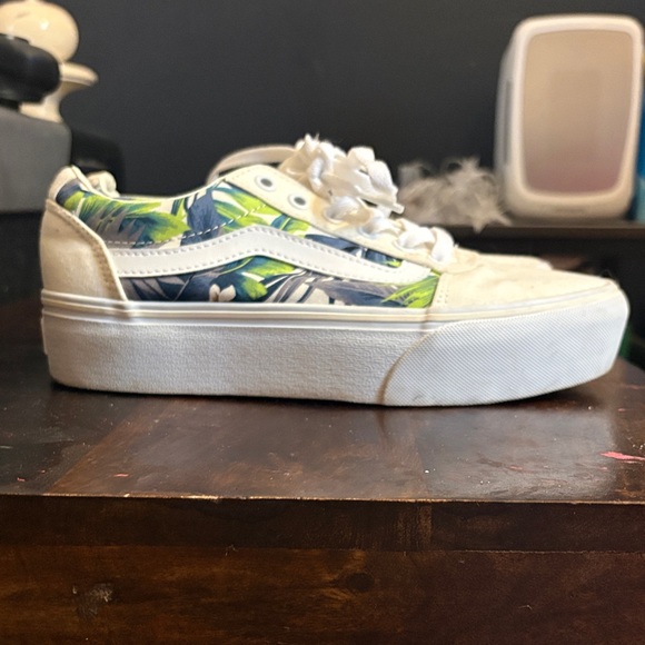 Vans Shoes - Vans Platform Old Skool Sneakers - White with Blue & Green Tropical Print
